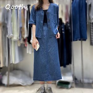 Qooth Womens Summer Single Breasted V-Neck Short Sleeve Jean Shirt and High Waist A-Line Long Causal Thin Jean Skirt QT655 210518