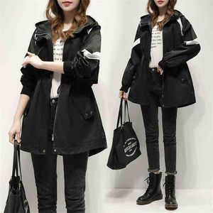 Kvinnor Streetwear Casual Trench Coat Spring Höst Mode Koreanska Oversize Hooded Long Coats Kvinna Patchwork Plus Storlek Jacka 210525