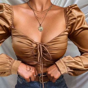 Champagne Gold Bandage Blouse Women Long Slush Lantern Sleeve Chest Adjustable Lace Up Straps Crop Tops Female Shirt H1230