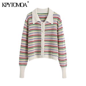 Kobiety Moda Paski Dzianiny Kardigan Sweter Vintage Długi Rękaw Button-Up Kobiece Odzież Odzieży Chic Topy 210416