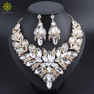Çiçek Mücevher Gelin toptan satış-Küpe Kolye Lüks Çiçek Gelin Takı Setleri Düğün Kostüm Altın Renk Seti Kristal Mücevherat Gelinler için Kadınlar için