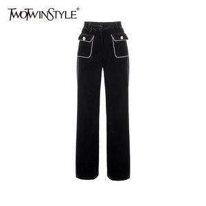 TWOTWINSTYLE Velour Black Minimalist Trouser For Women High Waist Pocket Casual Wide Leg Pants Female Fashion Clothing 210517