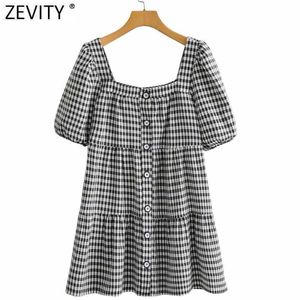 Zevity Women Vintage Rękaw Puff Sleeve Plaid Print Loose Mini Dress Kobieta Chic Square Collar Breasted Plats Vestidos DS8313 210603