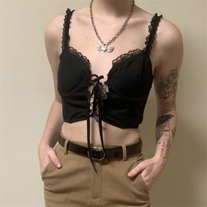 Wiązanie Czarna Koronka Łęczona Goth Cami Kobiety Lato Sexy Bez Rękawów Y2K Crop Tops Tees Harajuku Frill Backless Kamizelka Kobieta 210510