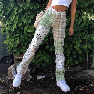 Kontrastfarbe Patchwork Plaid Jeans Damen Frühling Hohe Taille Gerade Vintage Denim Hosen Weibliche Flut 5B42 210427