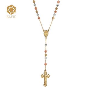 Elfic Gold Plated Three Color Necklace Cubic Zirconia Virgin Mary Necklace rosary necklace