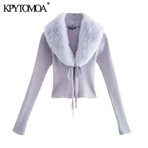 KPYTOMOA Mujeres Moda Faux Fur Patchwork Recortado Punto Cardigan Suéter Vintage Atado V Cuello Mujer Outerwear Chic Tops 210914