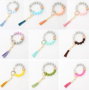 Wooden beaded Keychain Leather Tassel String Chain Food Grade Silicone Bead Women Girl Key Ring Wrist Strap Bracelet Party Favor GGE3867