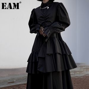 [EAM] Kadın Asimetrik Katmanlar Ruffles Pileli Elbise Yaka Uzun Kollu Gevşek Fit Moda İlkbahar Yaz 1DD8477 21512