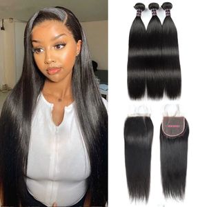 Brazilian Raw Human Hair 3 Bundles With Transparent Lace Closure 5x5 Straight hair