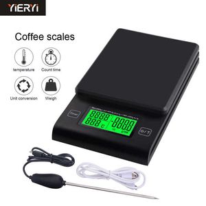 Multifunktionell hand kaffeskala med timer temperatur sond digital köksskala LCD elektronisk skala 1000g / 0,1 g-2000g / 1g 210927