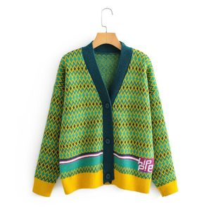 H.SA Kvinnor Vinterstil V Necktröja och Cardigans Långärmad Oversized Casual Stick Jumpers Green Stripe Vintage Jacket 210417