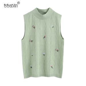 Women Vintage Floral Embroidery Cropped Knitted Vest Fashion O Neck Sleeveless Sweater Girls Chic Tops 210520