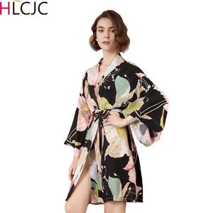 Sexy Lingerie Cotton Kimono Robe Bathrobe Women Flower Print Robes Satin Robe Ladies Dressing Gowns Sleepwear Big Size 210831