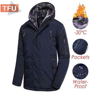 Män Vinter Casual Lång tjock Fleece Hood Vattentät Parkas Jacka Coat Men Outwear Fashion Fockets Parka Jacka 58 Plus 210818