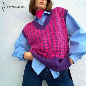 Meiyangyoung v nacke stickad tröja väst kvinnor ärmlös överdimensionerad pullover houndstooth vintage fall waistcoat sweaters kvinnliga 210819