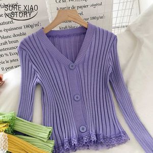 Autumn and Winter Style Korean V-neck Single-Breasted Lace Stripe Long Sleeve Women's Knitwear Slim Short Cardigan 10557 210528