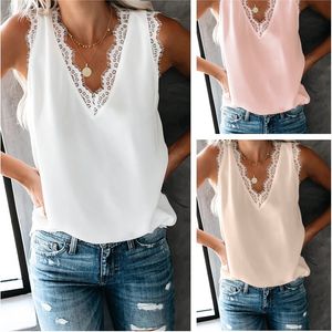 Frauen Tank Tops Sexy V-ausschnitt Ärmellose Casual Spitze Patchwork Sommer Tops Große Größe Weibliche Bodenbildung Weste Lose Chiffon Hemd 210507