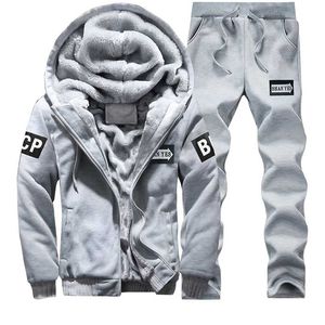 Tracksuit Winter Two Pieces Sets Fleece Thick Hooded Zipper Jacket + Pants Warm 2 PCS Sporting Suit Sportswears M-4XL Casual Men 211103