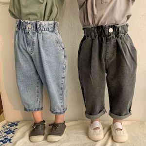 Kids unisex loose high waist jeans Boys and girls wide leg all-match denim pants 210508