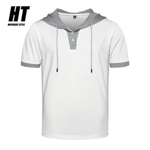 Homens de manga curta t-shirt com capuz T-shirt de verão ginásios fitness tees patchwork moletom masculino casual slim tshirts 210716