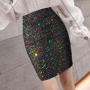 Elastische Hohe Taille Mini Wrap Rock Damen Frühling Sommer Büro Elegante Pailletten Bodycon Röcke Frauen Beiläufige Dünne Bleistift Rock 2021 x0428