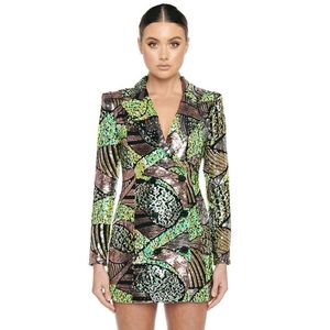 Spring Fashion Long Sleeve Dress For Women Sexy V Neck Green Sequins Mini Celebrity Club Evening Party Lady 210423