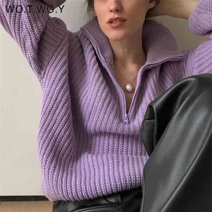 WOTWOY Herbst Winter Verdickung Gestrickte Pullover Frauen Casual Zipper Polo Kragen Lose Gestrickte Pullover Weibliche Weiße Jumper 210917