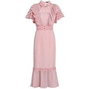 Pink Polka Dot Bow Collar Ruffle Sleeve Short Dress Trumpet Mermaid Button Criss-cross Summer D1395 210514