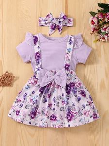 Bebê plissado guarnição bodysuit floral pinafore saia headband ela