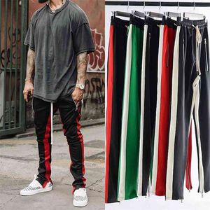 Calças de corrida listradas masculinas hip-hop para mulheres masculinas streetwear colorblock zíper solto suor calças justas 210715