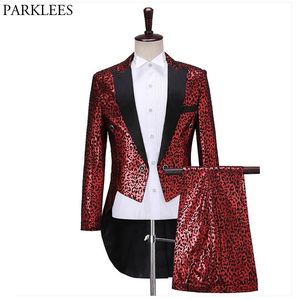 Seksi Leopar Pullu Kırmızı Tailcoat Suit Set Erkekler Slim Fit Kulübü Parti Sahne Smokin Suit Şarkıcı Dansçı Balo Lüks Terno Masculino 210522