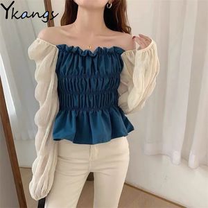 Rendas Stitching Chiffon Ruffle Grande Túnica Vintage Vintage Elegante Blusas Top Verão Estilo Coreano Quadrado Collar Sweetshirts 210421