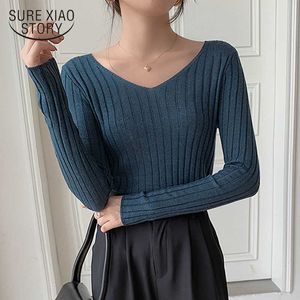 Koreański dekolt dzianinowy sweter zimowy ubrania kobiety sweter kobiety solidne paski slim dolning sweter 11028 210528