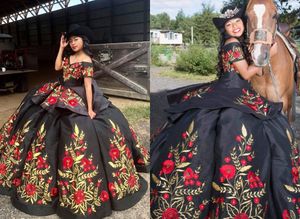 2022 Sexy Black Red Floral Flowers Quinceanera Dresses V neck Off the shoulder with Sleeves Ball Gown Charro Mexican Sweet Prom Dress
