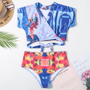 Sexy de manga curta colheita Tanque de biquíni conjunto de cintura alta roupa swimwear mulheres swimsuit cópia impressa banho terno praia wear 210520