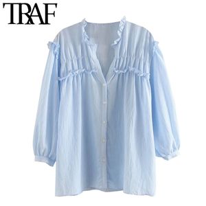 TRAF Moda Doce Fashion Striped Blusas Ruffled Vintage Vintage V Pescoço Três Quarter Manga Feminina Camisas Blusas Chic Tops 210415