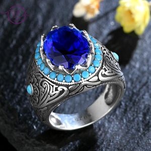 Klaster pierścienie 925 Sterling Silver Ring Luksusowy Sapphire Ciemny Blue Cyrkon Kamień Dla Mężczyzn Kobiety Gemstone Fine Jewelry Prezent