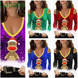 Designer New Christmas Clothes Women Elk Printed Slim Sexy Off Shoulder Top Trumpet Long Sleeve T-shirt 5 Colours