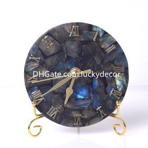 Labradorite القرص الطبيعي كوارتز ساعة كريستال ديكور المنزل مجموعة ريكي هدية + حامل الأمونيت الأحفوري العقيق شريحة مكتب الساعات الأرقام الرومانية (البطارية غير المدرجة)