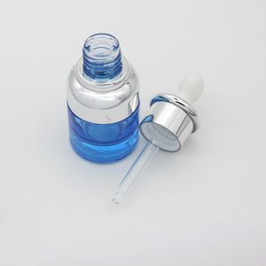 20ml 30ml Luxury Glass Dropper Bottle Unique Serum Bottles Blue with Special Silver Cover Moderate Price