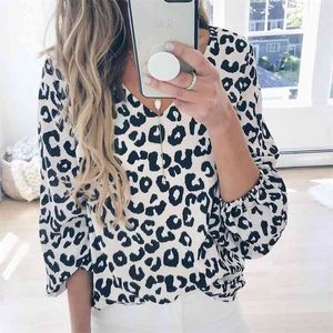 Casual V Pescoço Lanterna Sleeve Bloue Cad shirt Leopard Print Plus Size Blusa Tops Mulheres Outono Inverno Solto Femininas 210427