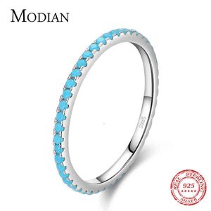 Modian 100 % 925 Sterling Silver Classic Utsökt Circle Turkos Charm Stapelbar Finger Ring för kvinnor Trendiga fina smycken
