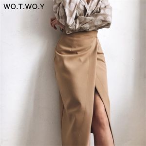 Wotwoy Summer Formal High-Waist Women Skirt Office Lady Mid-Calf Length Rak Kvinnors Eleganta Vit Femme 210702