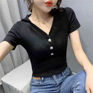 summer V neck Hat T shirt short Sleeve Women Sexy ops Casual Slim Solid color Woman Shirts korean woman tshirts 210507