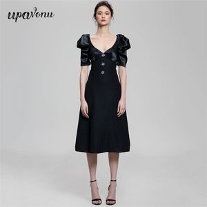 Gratis sommarkvinnor A-Line Dress Black Elegant V-Neck Puff Sleeve Diamond Club Evening Party Vestido 210524