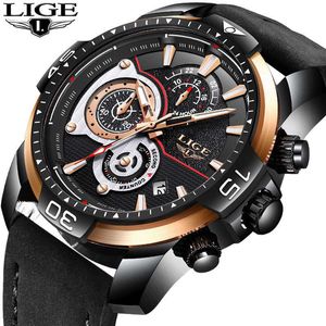 Lige Mens Klockor Top Brand Luxury Business Leather Quartz Watch Men Militär Vattentät Sport Armbandsur Relogio Masculino 210527