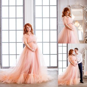 Eleganckie Różowe Suknie Wieczorowe Off Ramię Tulle Sweep Pociąg Maternity Dress Plus Rozmiar Pregant Fotografie Suknie Vestido de Novia