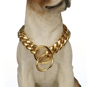 Stahlbordstein großhandel-Strong Cut Curb Cuban Link L Edelstahl Goldton Hunde Kette Pet Halsband Choker Halskette Chokers