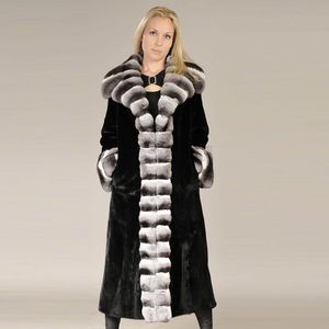 Futro damskie Faux 120 cm Długie Czarne Prawdziwe Płaszcze Cała Skóra Wysokiej Jakości Kobiety Naturalny Rex Coat Real Chinchilla Color Outfit